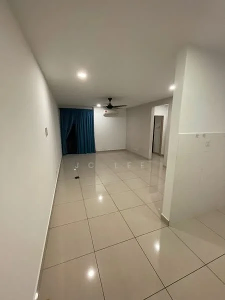 Room features: white painted walls, glossy ceramic tile flooring, ceiling fan, blue curtains, air conditioning unit, recessed lighting, open layout, neutral color scheme; style: modern.