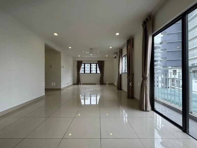Living features: white painted walls, glossy ceramic tile flooring, 5-blade ceiling fan with light, floor-to-ceiling windows, sliding glass door, curtains, recessed downlights, balcony access, neutral color scheme, open layout; style: modern; view: pool.