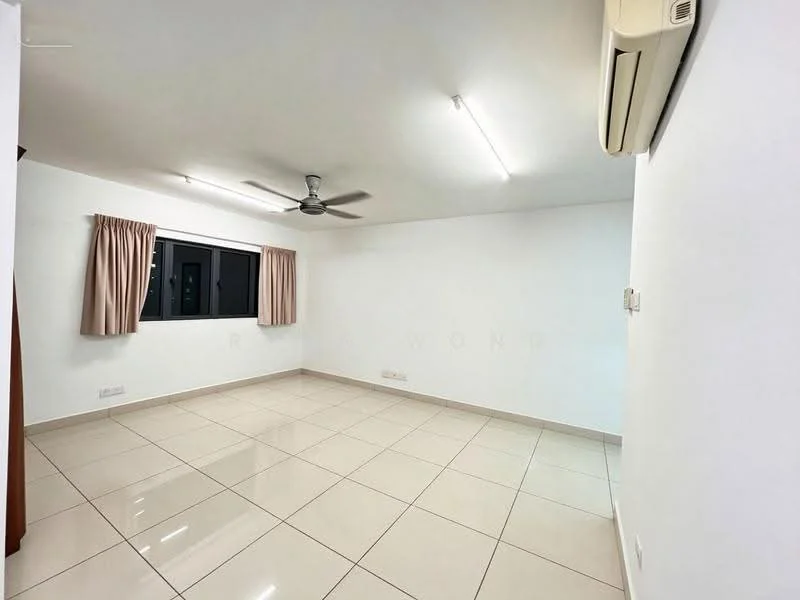 Living features: white painted walls, glossy ceramic tile flooring, recessed LED downlights, 5-blade ceiling fan, floor-to-ceiling window, sheer curtains, air conditioning unit; style: modern.