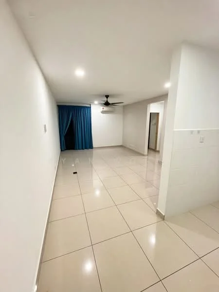 Living features: white painted walls, glossy ceramic tile flooring, 5-blade ceiling fan, air conditioning unit, blue curtains, recessed lighting, open layout, neutral color scheme, no visible furniture; style: modern.