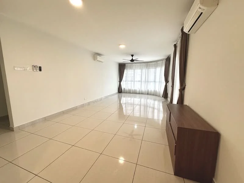 Living features: white painted walls, glossy ceramic tile flooring, 5-blade ceiling fan with light, floor-to-ceiling windows, sheer curtains, recessed downlights, wooden console cabinet, air conditioning unit; style: modern.