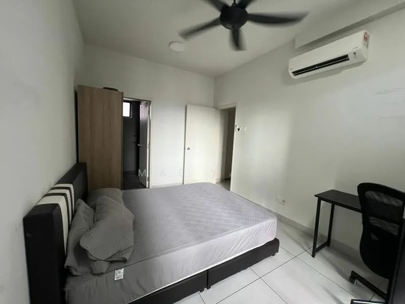 Bedroom features: queen-size bed, upholstered headboard, white walls, tile flooring, 5-blade ceiling fan, wall-mounted split AC, built-in wardrobe, study desk, black office chair, window with door, door to hallway; style: modern.
