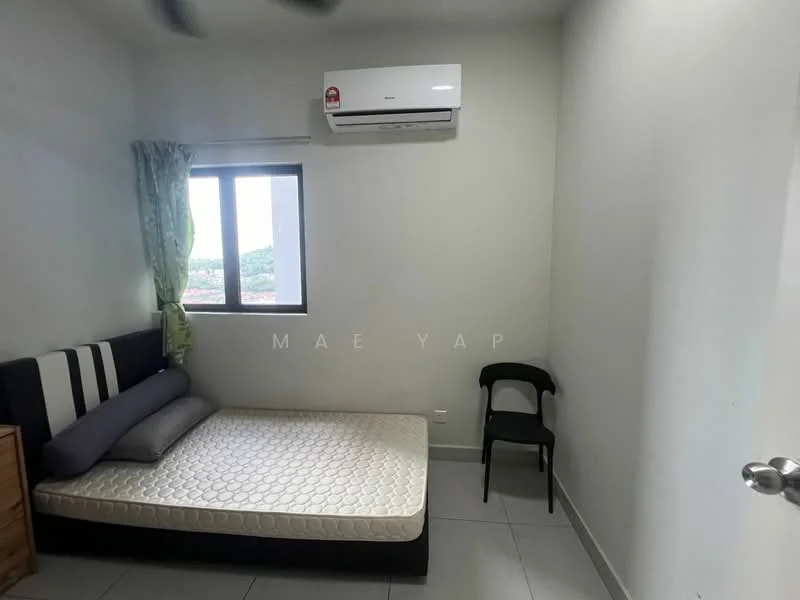 Bedroom features: single bed, upholstered headboard, bedside chair, wall-mounted air conditioning unit, window with view, grey curtains, light grey walls, tile flooring; view: city.