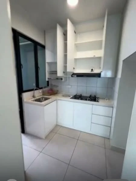 Kitchen features: white cabinetry, open shelving, stainless-steel sink, chrome pull-down faucet, built-in gas hob, exhaust hood, white tiled backsplash, ceramic tile flooring, recessed ceiling lights, large window for natural light; style: modern.