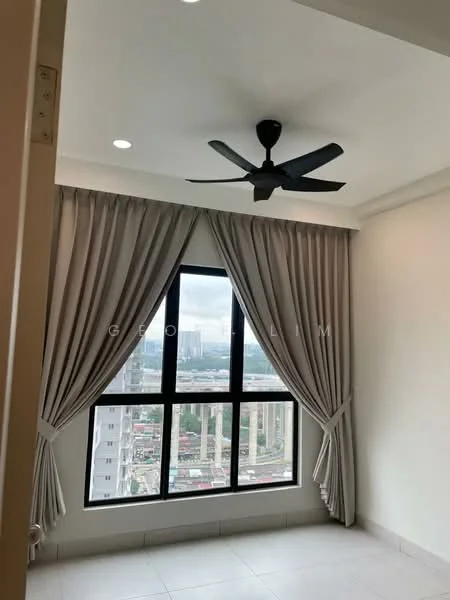 Room features: floor-to-ceiling window, black ceiling fan, light grey curtains, white painted walls, recessed downlights, tile flooring, city view; style: modern; view: city.