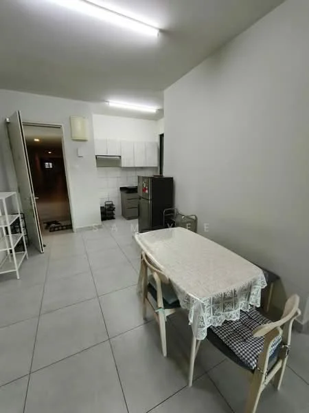 Dining features: rectangular dining table with lace tablecloth, two wooden chairs, grey tiled flooring, white painted walls, kitchen area visible in background, refrigerator, wall-mounted air conditioning unit, overhead fluorescent lighting; style: modern. Kitchen features: white cabinetry, stainless-steel refrigerator, grey tiled flooring, kitchen countertop, built-in oven, stove, sink, wall-mounted cabinets; style: modern.