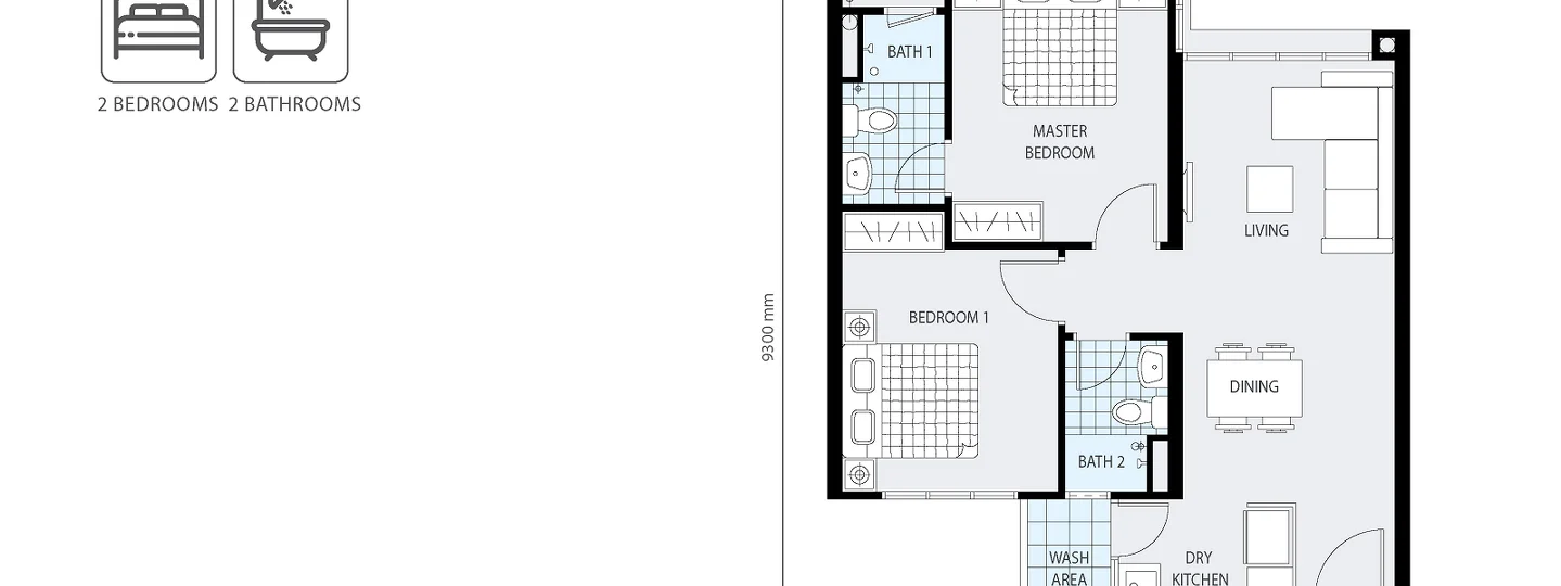 Floor plan: 2-bedroom 2-bathroom unit; features: open-plan kitchen-dining-living, master bedroom with ensuite bathroom, bedroom 1 with shared bathroom, dry kitchen, wash area, central foyer.