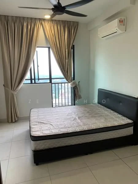Bedroom features: queen-size bed, black upholstered bed frame, floor-to-ceiling window, sheer curtains, wall-mounted split AC, light-colored tiled flooring, ceiling fan, balcony view; style: modern; view: city.