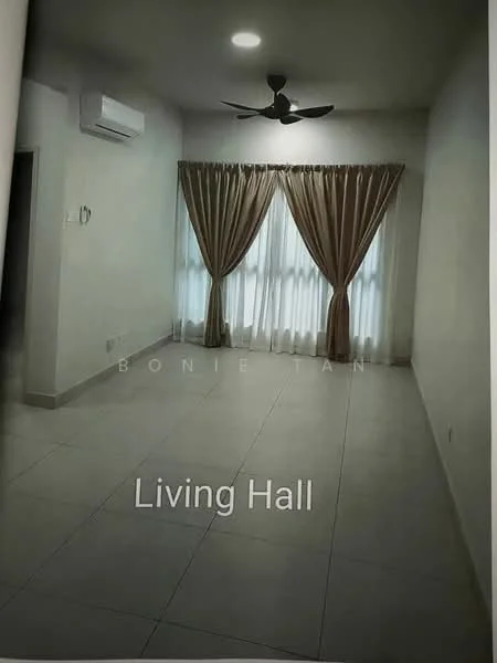 Living features: light grey tiled flooring, white painted walls, recessed ceiling lights, 5-blade ceiling fan, floor-to-ceiling windows, sheer curtains, brown drapes, wall-mounted split AC; style: modern.