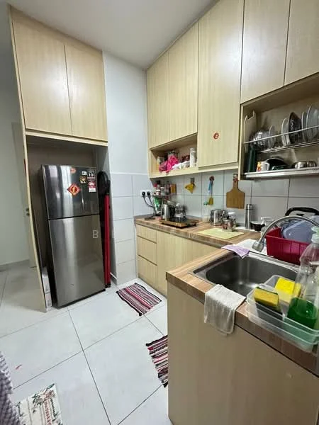 Kitchen features: light wood cabinetry, stainless-steel fridge, double-bowl stainless-steel sink, chrome pull-down faucet, white tiled backsplash, countertop with wood trim, ceramic tile flooring, open shelving, dish rack, kitchen utensils, dish soap, kitchen towels, area rug, wall-mounted storage; style: modern.