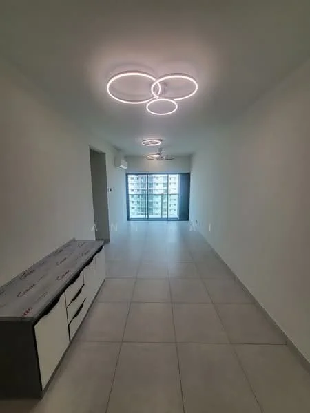 Room features: white painted walls, grey tiled flooring, recessed ceiling lights, modern circular pendant light, floor-to-ceiling windows, view of city skyline, built-in cabinetry with drawers, open layout; style: modern; view: city.