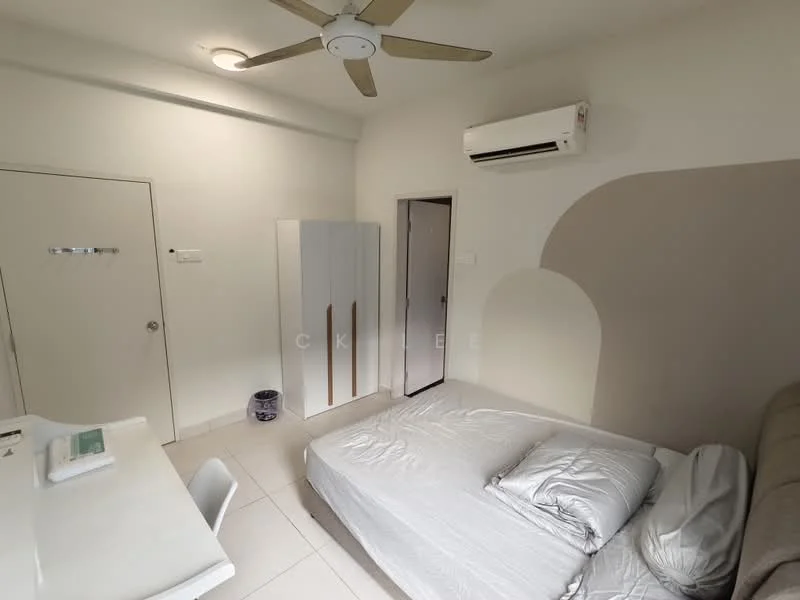 Bedroom features: queen-size bed, upholstered headboard, 2 bedside lamps, study desk, white painted walls, tile flooring, 5-blade ceiling fan, wall-mounted split AC, built-in wardrobe, door to hallway; style: modern.