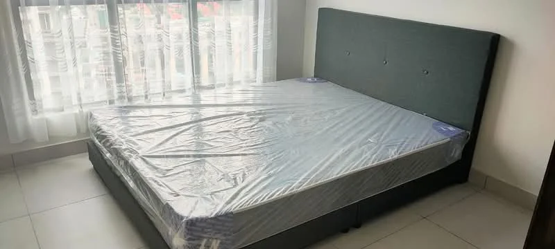 Bedroom features: queen-size bed, upholstered headboard, bed frame with storage, floor-to-ceiling windows, sheer curtains, tile flooring, neutral wall color, decorative wall paneling; style: modern; view: city.