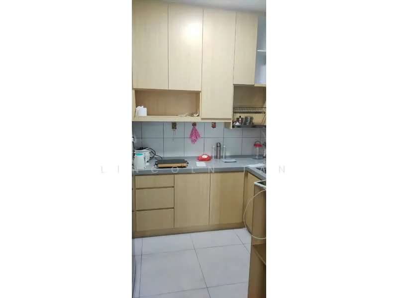 Kitchen features: light wood cabinetry, grey countertop, white tiled backsplash, stainless-steel sink, chrome faucet, built-in oven, freestanding stove, microwave, kitchen utensils, wall-mounted shelves, white ceramic tiles flooring; style: modern.