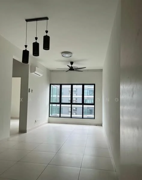 Living features: white painted walls, tile flooring, 5-blade ceiling fan with light, recessed downlights, three pendant lamps, floor-to-ceiling windows, city view; style: modern; view: city.
