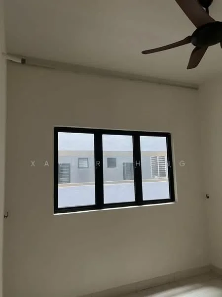 Room features: white painted walls, floor-to-ceiling window with black frame, ceiling fan.