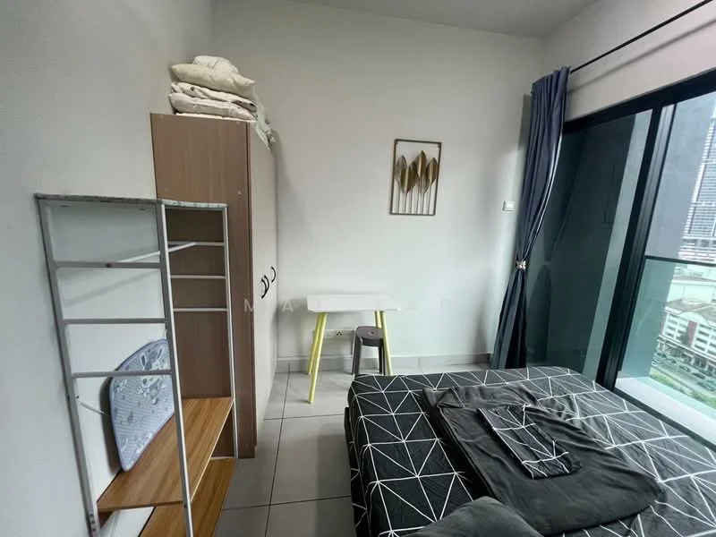 Bedroom features: queen-size bed with black and white geometric bedding, floor-to-ceiling windows, grey curtains, light wood shelving unit, white table with yellow legs, grey chair, tile flooring, decorative wall art with leaves; style: modern; view: city.