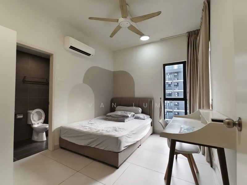 Bedroom features: queen-size bed, upholstered headboard, 2 bedside pillows, ceiling fan with light, floor-to-ceiling window, curtains, wall-mounted air conditioning unit, study desk, chair, light-colored walls, tile flooring, decorative wall design; style: modern; view: city. Bathroom features: one-piece toilet, wall-mounted shower, grey tiled walls, dark tiled flooring, open shelving, mirror; style: modern.
