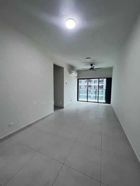 Living features: white painted walls, tile flooring, 5-blade ceiling fan with light, wall-mounted split AC, floor-to-ceiling windows, sliding glass door, natural light from windows, neutral color palette; style: modern.