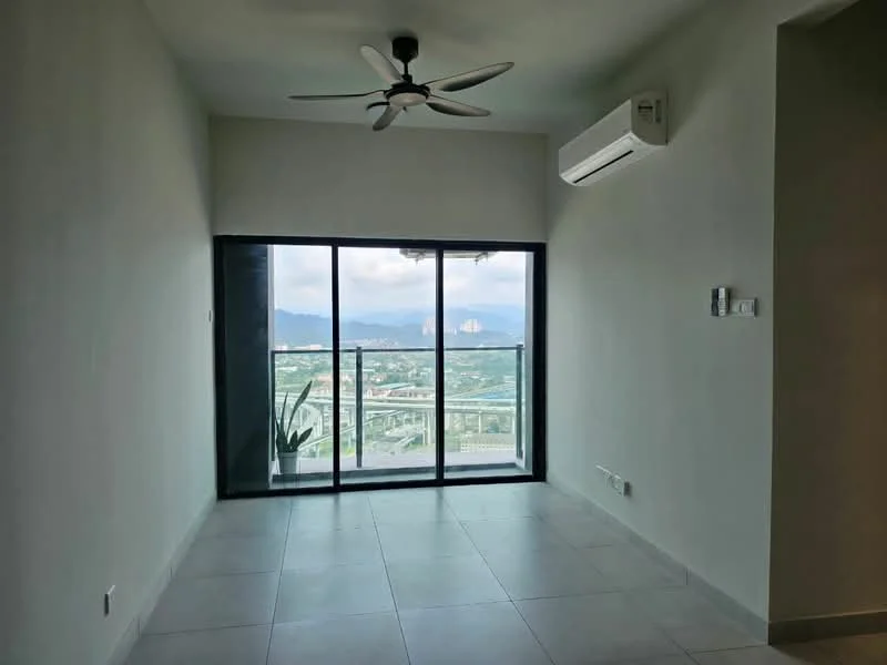 Living features: 5-blade ceiling fan with light, wall-mounted split AC, floor-to-ceiling windows, grey tiled flooring, white painted walls, sliding glass door, mountain view, balcony access; style: modern; view: mountain.