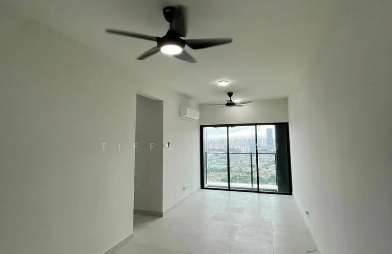 Living features: white painted walls, tile flooring, 5-blade ceiling fan with integrated LED light, 2 wall-mounted split AC units, floor-to-ceiling windows, sliding glass door, city view; style: modern; view: city.