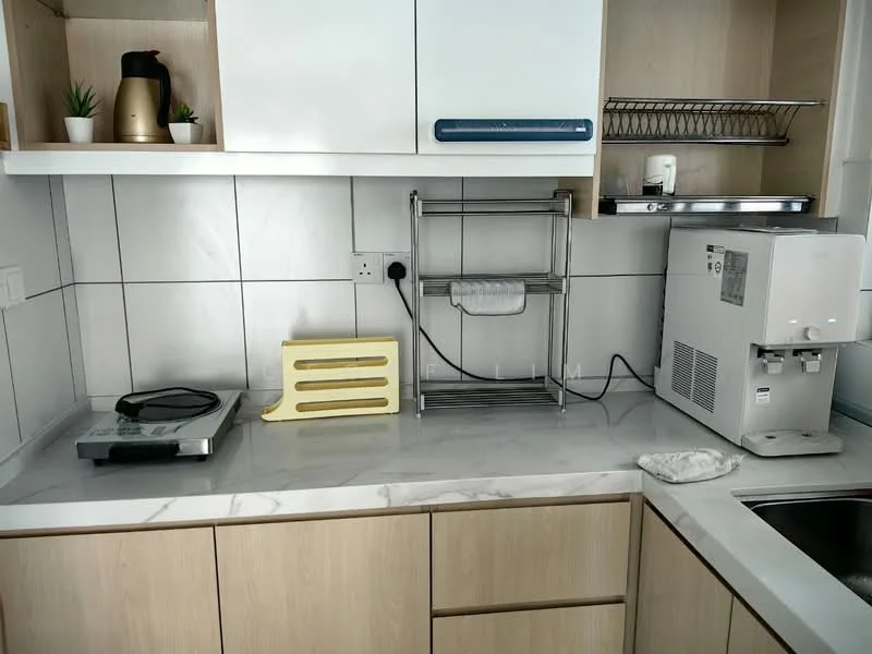 Kitchen features: white cabinetry, marble countertop, stainless-steel sink, built-in countertop stove, kitchen shelf unit, microwave, kettle, decorative plants, wall tiles, dish drying rack; style: modern.