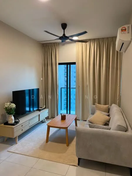 Living features: 3-seater fabric sofa in light grey, coffee table in wood, TV console in light wood, wall-mounted TV, floor-to-ceiling windows, sheer curtains, 5-blade ceiling fan with light, split air conditioning unit, light-coloured wall, tile flooring, area rug, decorative plant in ceramic pot; style: modern; view: city.