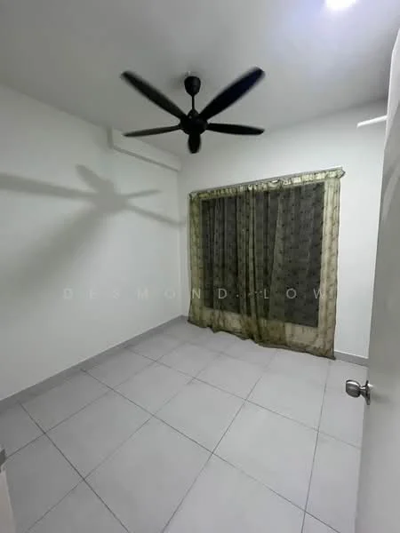 Room features: white painted walls, grey floor tiles, 5-blade ceiling fan, curtains with floral pattern, window with sheer curtains, light fixture on ceiling.
