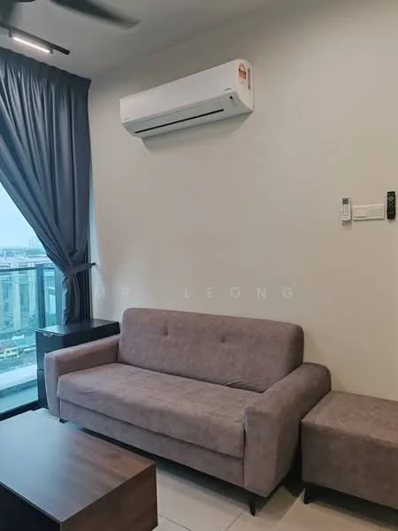 Living features: 3-seater fabric sofa in grey, coffee table, floor-to-ceiling windows, curtains in dark grey, wall-mounted split AC, light-colored walls, tile flooring, decorative wall panel, remote control panel on wall; style: modern; view: city.