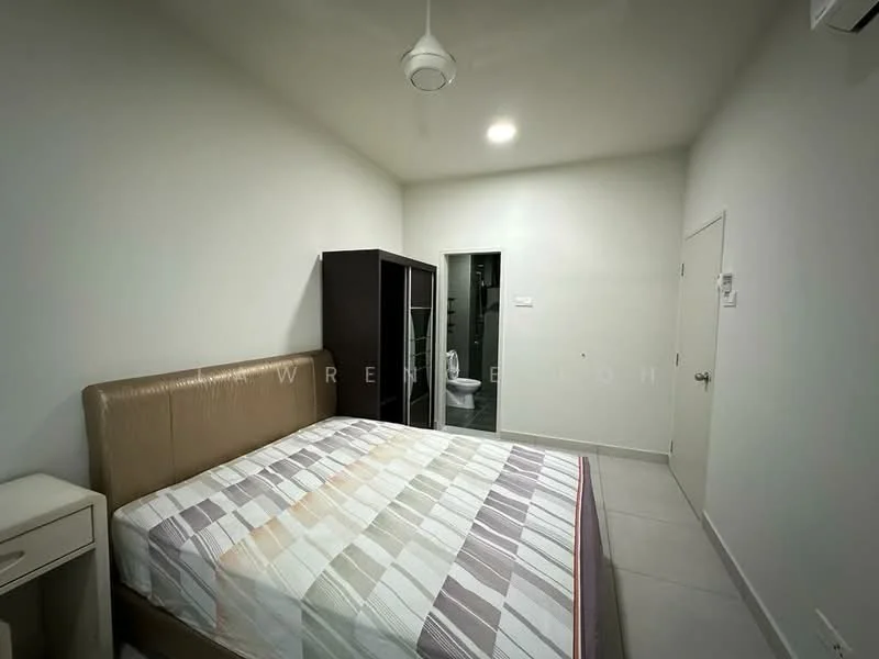 Bedroom features: king-size bed with upholstered headboard, bedside table, built-in wardrobe, ceiling fan, recessed downlights, grey tiled flooring, white painted walls, door leading to bathroom; style: modern.