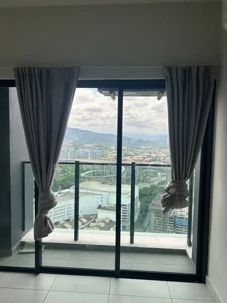 Room features: floor-to-ceiling windows, sliding glass door, sheer curtains, city view, grey tiled flooring, balcony railing; style: modern; view: city.