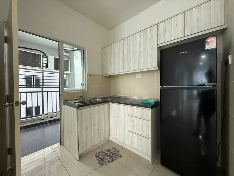 Kitchen features: L-shaped kitchen countertop, grey laminate cabinetry, black countertop, single-bowl stainless-steel sink, chrome pull-down faucet, stainless-steel fridge, ceramic tile flooring, white painted walls, window with view to balcony, door leading to balcony; style: modern. Balcony features: sliding glass door, balcony railing, floor tiles, space for outdoor furniture.