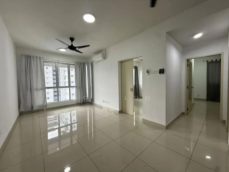 Living features: white painted walls, glossy ceramic tile flooring, 5-blade ceiling fan with light, floor-to-ceiling windows, sheer curtains, air conditioning unit, recessed downlights, neutral color scheme; style: modern. Room features: white painted walls, glossy ceramic tile flooring, doorway leading to another room, doorway leading to bathroom, curtains.