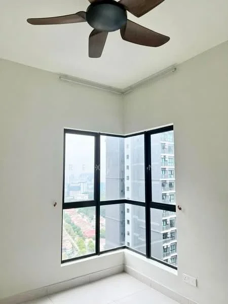 Room features: white painted walls, floor-to-ceiling windows, 5-blade ceiling fan, tile flooring, corner window with city view; style: modern; view: city.