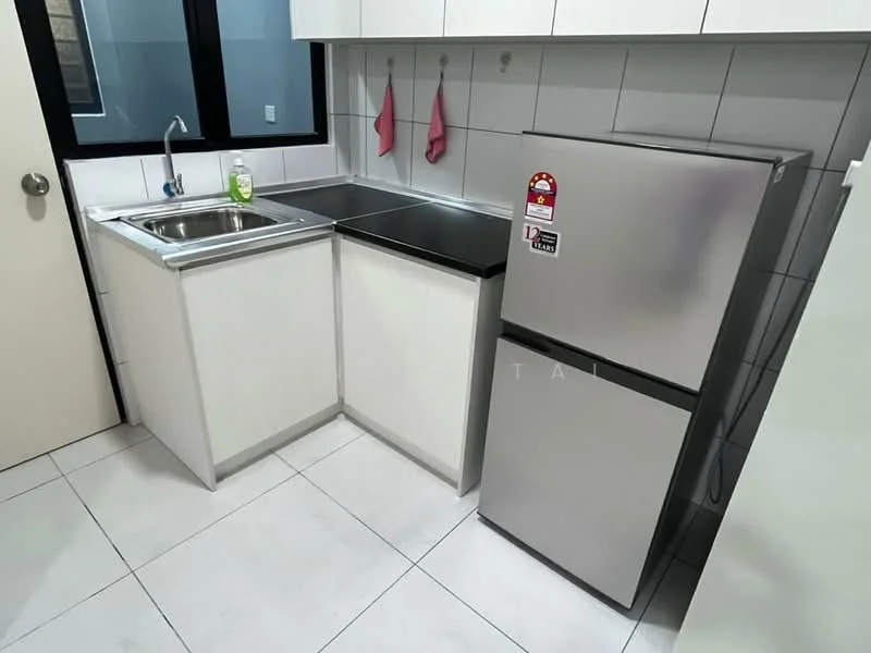 Kitchen features: single-bowl stainless-steel sink, chrome pull-down faucet, black countertop, white shaker cabinets, stainless-steel fridge, ceramic tile flooring, white tiled backsplash, 2 kitchen towels hanging, window with black frame; style: modern.