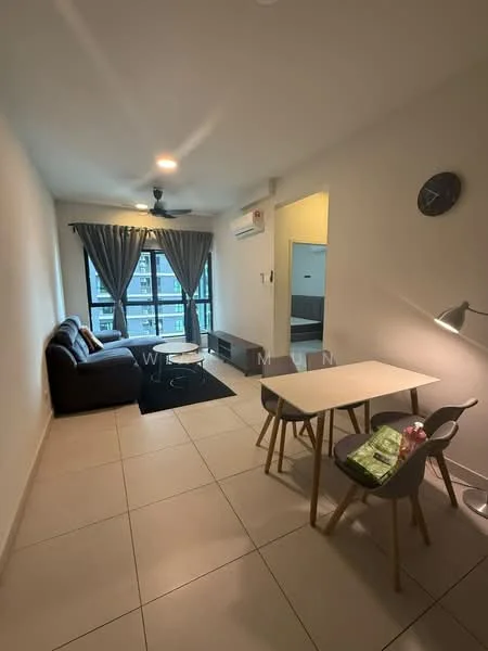 Living features: 3-seater fabric sofa in dark grey, coffee table, area rug, floor-to-ceiling windows, curtains, ceiling fan, wall-mounted air conditioning unit, wall clock, TV console, light source from lamp; style: modern; view: city. Dining features: dining table with 2 chairs, decorative item on table; style: modern.