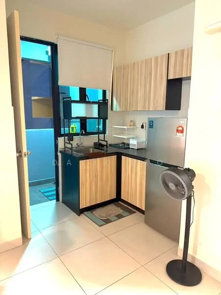 Kitchen features: laminate cabinetry in light wood finish, stainless-steel countertop, single-bowl stainless-steel sink, chrome pull-down faucet, built-in refrigerator, kitchen shelving unit, tile flooring, wall-mounted fan, window with roller blinds, open layout, neutral wall color; style: modern.