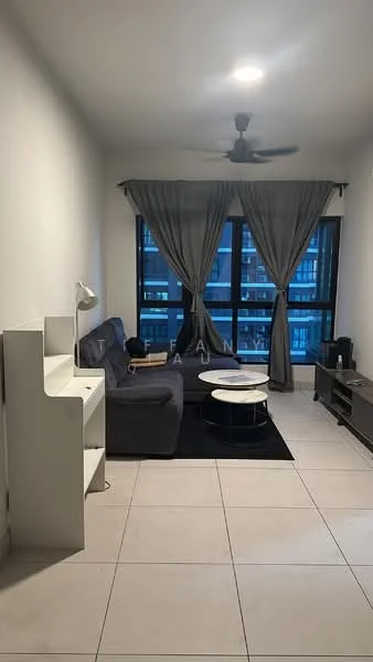 Living features: grey fabric sofa, round coffee table, black area rug, floor-to-ceiling windows, sheer curtains, 5-blade ceiling fan, TV console, wall-mounted TV, light-colored walls, tile flooring; style: modern; view: city.