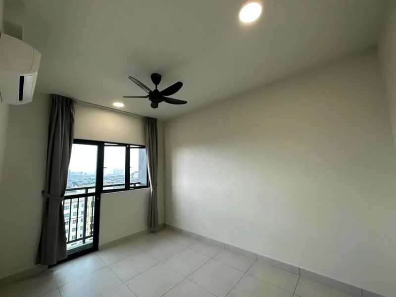 Room features: white painted walls, tile flooring, 5-blade ceiling fan, floor-to-ceiling window, blackout curtains, sliding glass door, city view, air conditioning unit; style: modern; view: city.