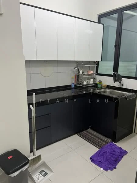 Kitchen features: black cabinetry with flat-panel doors, white upper cabinets, black countertop, single-bowl stainless-steel sink, chrome pull-down faucet, built-in dish rack, tile backsplash, grey floor tiles, window with black frame, kitchen towel on countertop, trash bin, dish soap dispenser; style: modern.