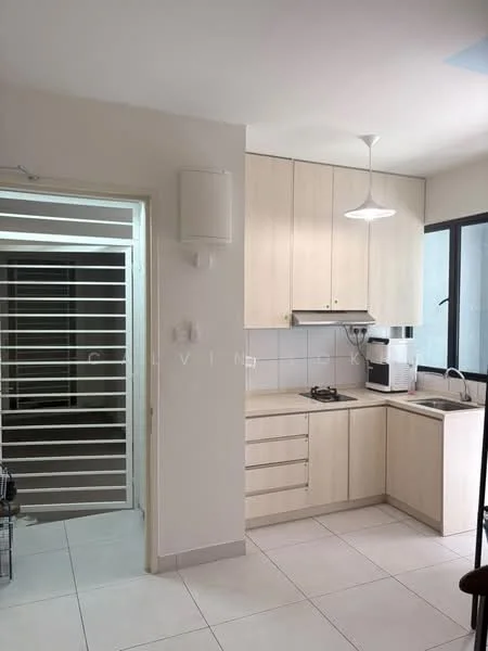 Kitchen features: light wood cabinetry, white countertop, stainless-steel sink, chrome pull-down faucet, built-in gas hob, exhaust hood, white tiled backsplash, pendant light, floor-to-ceiling window, tile flooring; style: modern. Room features: sliding security door, white walls, light fixture.