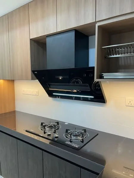 Kitchen features: wood cabinetry in light brown, black glass range hood, gas cooktop with two burners, stainless-steel knobs on cooktop, grey countertop, white tiled backsplash, open shelving above countertop, under-cabinet lighting; style: modern.