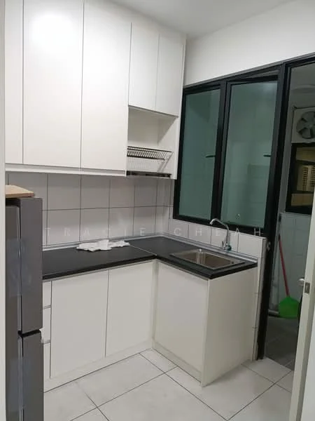 Kitchen features: white cabinetry, black countertop, single-bowl stainless-steel sink, chrome pull-down faucet, wall-mounted shelving, ceramic tile flooring, white tiled backsplash, floor-to-ceiling windows, refrigerator, built-in appliances; style: modern.