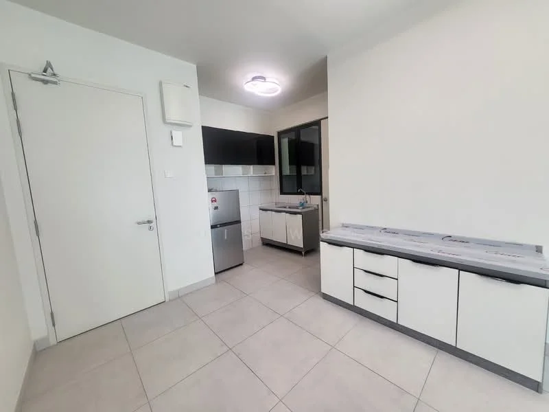 Kitchen features: white painted walls, light grey floor tiles, ceiling light fixture, single-bowl stainless-steel sink, chrome pull-down faucet, grey laminate countertop, white cabinetry with flat-panel doors, built-in oven, fridge, window for natural light; style: modern.