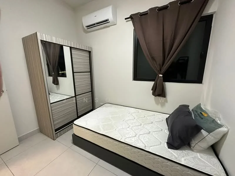Bedroom features: single bed with mattress, decorative pillows, built-in wardrobe with mirrored doors, wall-mounted split AC unit, blackout curtains, white painted walls, tile flooring, window with black frame; style: modern.