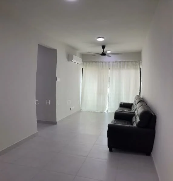 Living features: grey tiled flooring, white painted walls, 5-blade ceiling fan with light, floor-to-ceiling windows, sheer curtains, black leather 2-seater sofa, wall-mounted split AC; style: modern.