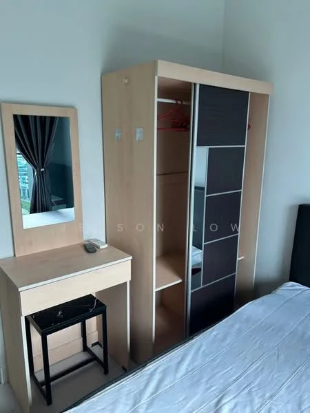 Bedroom features: queen-size bed, black bedside table, wooden wardrobe with sliding doors, mirror with wooden frame, dressing table, curtains, white painted walls, carpeted flooring; style: modern.