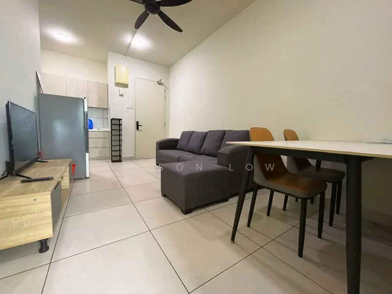 Living features: grey fabric sofa, wooden TV console, wall-mounted TV, dining table with four chairs, ceiling fan, tile flooring, white painted walls, recessed lighting; style: modern. Kitchen features: stainless-steel fridge, kitchen cabinets, countertop, tile backsplash; style: modern.