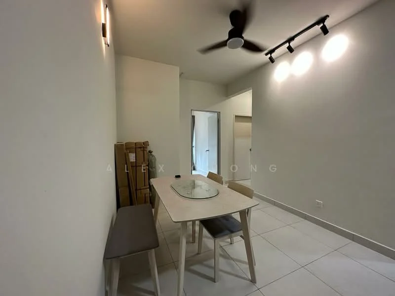 Dining features: rectangular dining table, 4 dining chairs, ceiling fan, white painted walls, tile flooring, track lighting, glass centerpiece on table, neutral color scheme; style: modern. Room features: doorway leading to another room, empty space with no visible furniture.