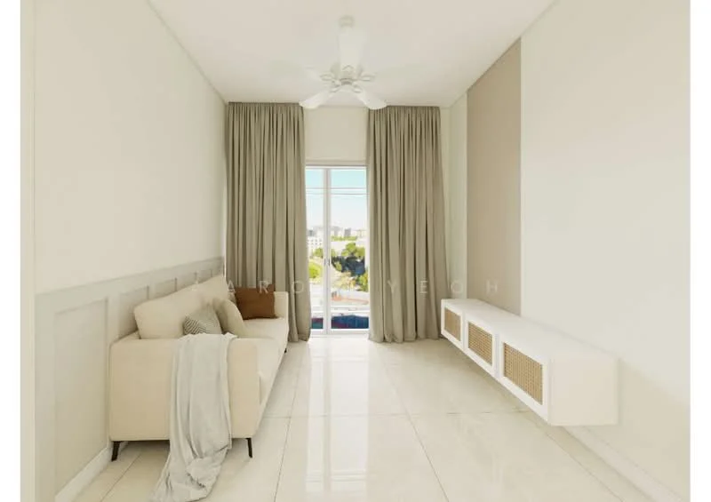 Living features: cream painted walls, light grey accent wall, marble tile flooring, 5-blade ceiling fan with light, floor-to-ceiling windows, sheer curtains, built-in wall unit with ventilation grilles, sofa in beige, decorative throw blanket; style: modern; view: city.